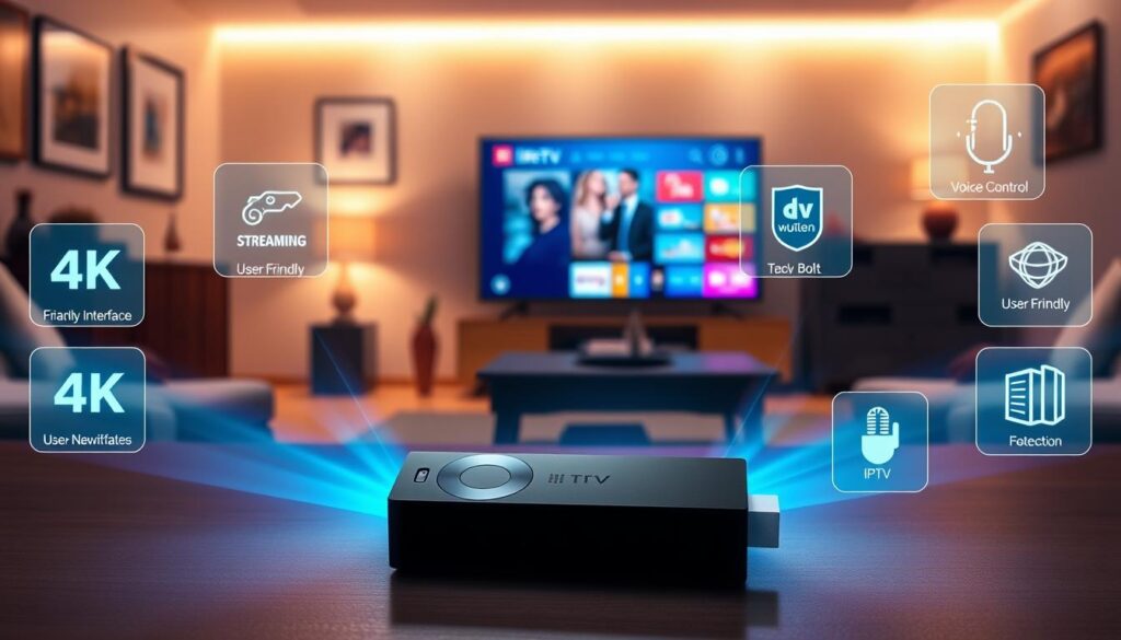 A sleek Fire Stick IPTV player prominently features in the foreground, illuminated by soft ambient lighting that highlights its modern design and glossy finish. Surrounding the device are holographic icons showcasing key features such as 4K streaming, user-friendly interface, and voice control capabilities, each represented with vibrant colors and tech-inspired graphics. In the middle ground, a stylish living room setting offers a comfortable couch and a large TV displaying a vibrant streaming interface, emphasizing the home entertainment experience. The background reveals a cozy atmosphere with warm wall colors and subtle decorative elements. The overall mood conveys a sense of innovation and ease of use, making it appealing to tech-savvy viewers. Subtly incorporate the brand "bluefireiptv.com" within the design elements, ensuring it integrates seamlessly without any text overlays.