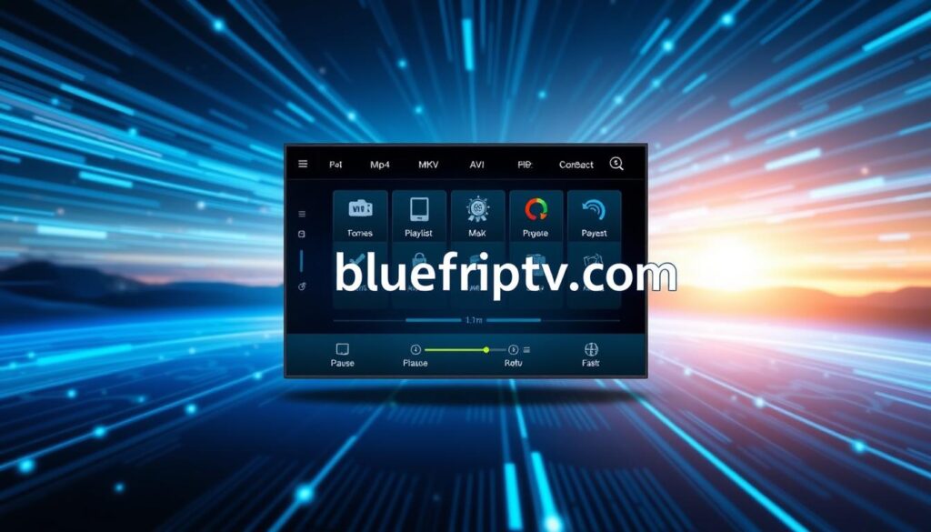A sleek and modern IPTV Windows player interface displayed prominently in the foreground, showcasing various supported formats like MP4, MKV, and AVI. The middle layer features intuitive playlist management tools and playback capabilities, with icons representing features like pause, rewind, and fast forward. The background consists of a digital landscape with streaming signals and data streams flowing smoothly, giving a high-tech feel. Soft blue lighting casts a professional ambiance, highlighting the user interface elements. The image conveys a sense of innovation and reliability, making the viewer feel confident in the technical capabilities of the IPTV player. Incorporate the brand name "bluefireiptv.com" subtly within the player interface, ensuring it complements the overall design without overpowering other elements.
