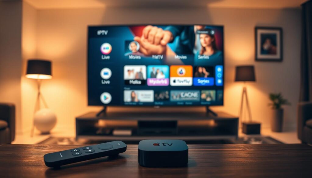 A sleek and modern IPTV player interface displayed on an Apple TV screen, showcasing vibrant and user-friendly features. In the foreground, a well-designed remote control with intuitive buttons rests beside the TV. In the middle, the Apple TV is elegant and minimalistic, with a focus on the IPTV app interface including icons for live TV, movies, and series. The background features a contemporary living room setup with soft ambient lighting, emphasizing a cozy atmosphere. Use a wide-angle shot to capture the entire scene, with warm lighting that creates an inviting mood. Include the brand name "bluefireiptv.com" subtly integrated into the design of the IPTV player interface.