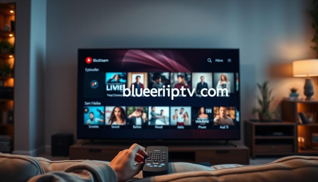 A sleek and modern SmartStream Player interface displayed on a large, high-definition television in a cozy living room setting. The foreground features a user navigating through a visually appealing menu showcasing IPTV channels, highlighted by vivid episode thumbnails. The middle layer includes a stylish remote control resting on a soft couch, inviting interaction, with ambient lighting creating a warm, inviting atmosphere. In the background, soft dim light gently illuminates bookshelves and decorative plants, enhancing the relaxed vibe of the space. The overall mood is engaging and cutting-edge, emphasizing a premium viewing experience. The screen prominently displays the branding "bluefireiptv.com" integrated into the interface design, showcasing smooth playback and easy navigation options. The scene captures a perfect blend of technology and comfort, ideal for an immersive IPTV experience.