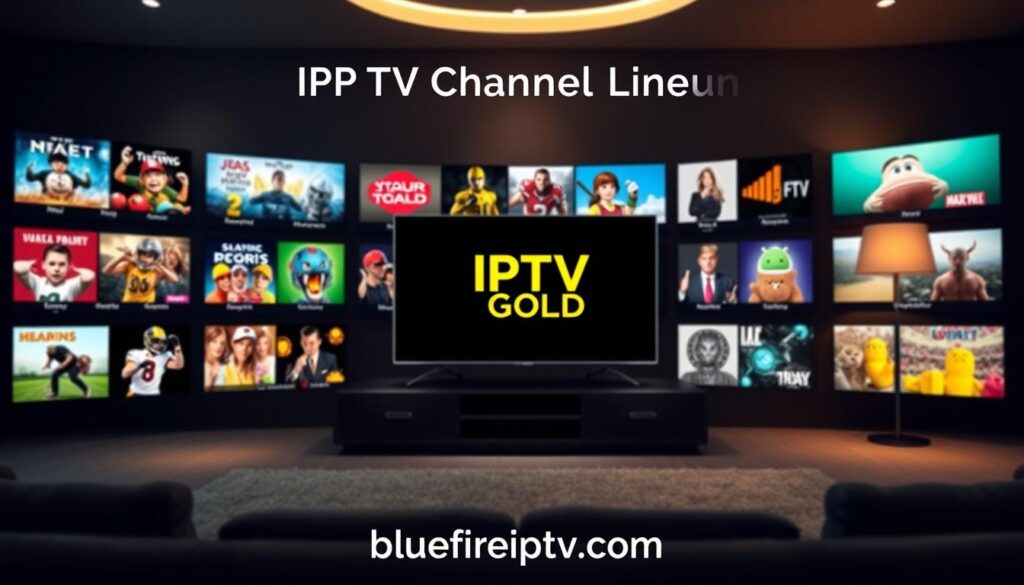 A sleek and modern digital interface showcasing the IPTV Gold Channel Lineup, featuring a variety of vibrant and engaging channel icons, arranged in an attractive grid format. In the foreground, the icons are brightly lit, reflecting their unique content types such as movies, sports, news, and entertainment. The middle ground displays a shadowed, sophisticated living room environment, with a stylish television set prominently featuring the IPTV Gold logo. In the background, hints of a cozy ambiance can be seen with soft, warm lighting creating an inviting atmosphere. The image should convey a sense of excitement and innovation in streaming technology, with a subtle artistic touch. Include the brand name "bluefireiptv.com" integrated into the design at the bottom, ensuring no text overlays or additional distractions.