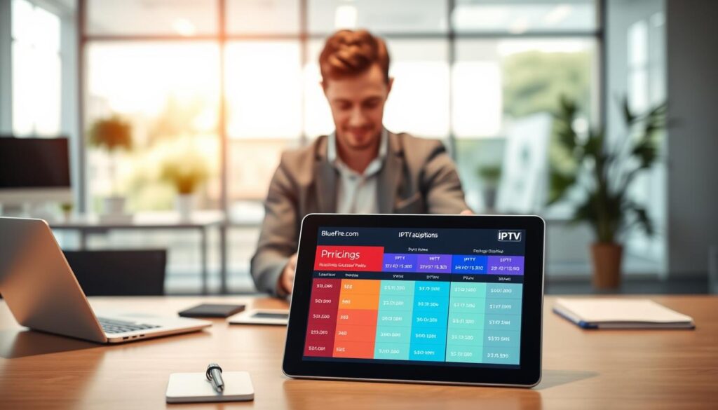 A sleek and modern display featuring IPTV subscription plans and pricing from bluefireiptv.com. In the foreground, a stylish tablet showcasing an interactive pricing table with vibrant colors and clear plan details, set against a well-organized office desk with a laptop and a notepad. In the middle, a professional figure, dressed in smart casual attire, is analyzing the information on the tablet, deeply focused yet approachable. The background features a soft-focus of a contemporary office environment with large windows letting in natural light, creating a bright and inviting atmosphere. The mood is optimistic and professional, perfect for illustrating the benefits of IPTV services. The lighting is bright and even, with a slight emphasis on the tablet, highlighting the subscription plans.