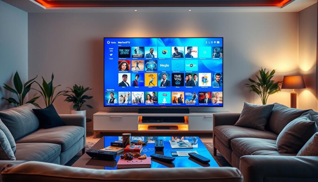 A sleek and modern living room scene showcasing a large flat-screen TV displaying a vibrant array of IPTV content, reflecting the diversity of "Marinios IPTV." In the foreground, a stylish coffee table is scattered with remote controls and snacks, while plush, contemporary sofas invite relaxation. The middle ground features a glowing television screen with colorful thumbnails representing various genres such as movies, sports, and documentaries. In the background, soft ambient lighting creates a cozy atmosphere, accented by a few plants and elegant decor elements. The perspective is slightly angled, capturing both the screen's brilliance and the inviting space of the room. The overall mood is warm and inviting, emphasizing family entertainment. Include a subtle logo for "bluefireiptv.com" on the TV screen for branding.