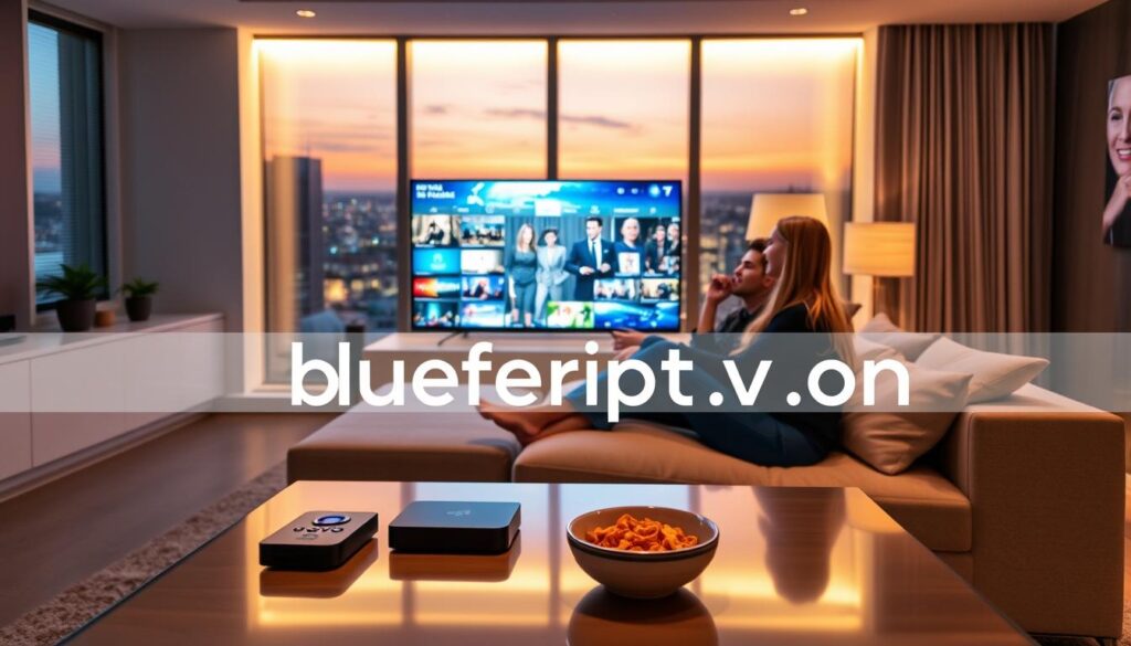 A sleek and modern living room scene showcasing the advantages of BC IPTV streaming service. In the foreground, a stylish coffee table holds a remote control, streaming device, and snack bowl, emphasizing comfort. The middle features a large high-definition television displaying vibrant media content, suggesting reliability and variety in viewing options. Warm, inviting lighting floods the room, with a soft glow highlighting a couple of people in modest casual attire sitting on a plush sofa, joyfully watching their favorite show. The background reveals a window with a view of a serene cityscape at dusk, symbolizing connectivity. The brand name "bluefireiptv.com" subtly integrated into the scene's ambiance. The overall mood is relaxed and enjoyable, capturing the essence of premium streaming entertainment.