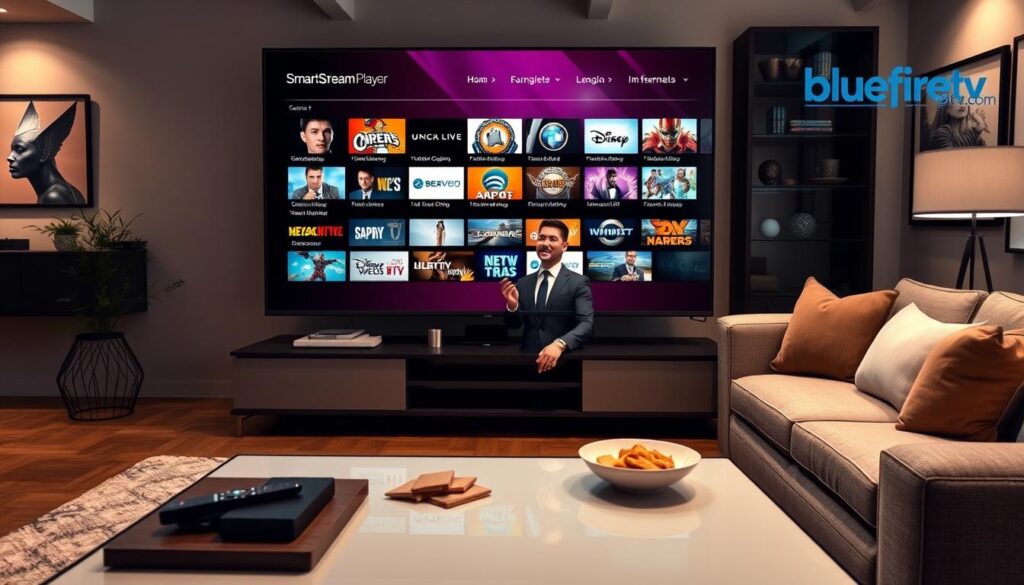 A sleek and modern living room setting featuring a large, flat-screen television displaying the SmartStream Player interface, showcasing vibrant thumbnails of popular IPTV channels for a seamless streaming experience. In the foreground, a stylish coffee table with a remote control and snacks, evoking a relaxed viewing atmosphere. The middle ground includes a comfortable sectional couch with a person in professional business attire, deeply engaged in the experience, looking impressed. In the background, soft, ambient lighting creates a cozy mood, with artwork on the walls and a warm color palette. A subtle branding element with "bluefireiptv.com" integrated into the scene, hinting at the IPTV provider. The composition captures the essence of a sophisticated home entertainment environment perfect for streaming enthusiasts.