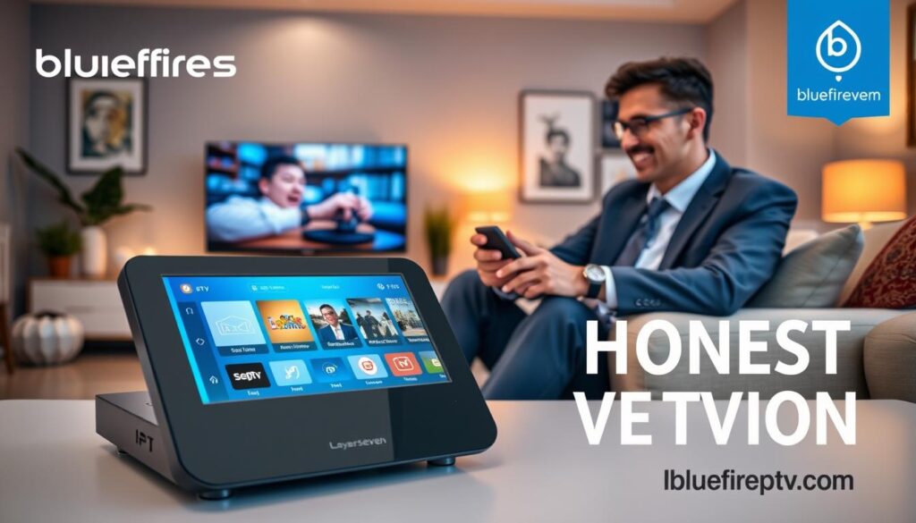 A sleek digital device showcasing Layerseven IPTV features prominently in the foreground, with a glowing screen displaying a vibrant user interface. In the middle ground, a modern living room setting reflects a cozy atmosphere, complete with stylish furniture and a large TV. Soft, warm lighting creates an inviting ambiance, while a person dressed in professional business attire sits comfortably on a couch, engaging with the device, hands poised over a remote control, exuding a sense of satisfaction and focus. In the background, artistic decor and a subtle hint of technology complement the scene, with hints of blue and silver colors, symbolizing the modernity of IPTV services. The overall mood is optimistic and informative, encapsulating an honest verdict atmosphere, while the brand name "bluefireiptv.com" appears subtly in the design elements.
