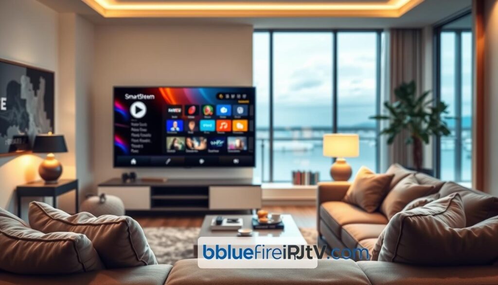A sleek living room featuring a modern entertainment setup, showcasing a large flat-screen TV prominently displaying the SmartStream IPTV interface, rich in vibrant colors and smooth graphics. In the foreground, a comfortable couch with stylish cushions invites relaxation, while a coffee table holds a remote control and snacks. The middle ground includes a stylish side table with an elegant lamp casting warm, inviting light. In the background, softly blurred, a spacious window reveals a serene outdoor view, enhancing the calm and cozy atmosphere. The image conveys a sense of seamless technology integration, portraying a perfect streaming environment. Ensure the brand "bluefireiptv.com" is subtly but visibly integrated into the scene, emphasizing the theme of enhanced streaming experiences. A sleek living room featuring a modern entertainment setup, showcasing a large flat-screen TV prominently displaying the SmartStream IPTV interface, rich in vibrant colors and smooth graphics. In the foreground, a comfortable couch with stylish cushions invites relaxation, while a coffee table holds a remote control and snacks. The middle ground includes a stylish side table with an elegant lamp casting warm, inviting light. In the background, softly blurred, a spacious window reveals a serene outdoor view, enhancing the calm and cozy atmosphere. The image conveys a sense of seamless technology integration, portraying a perfect streaming environment. Ensure the brand "bluefireiptv.com" is subtly but visibly integrated into the scene, emphasizing the theme of enhanced streaming experiences.