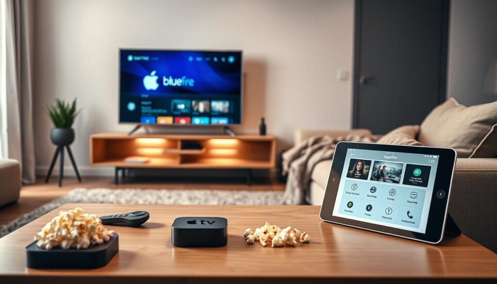 A sleek living room scene featuring an Apple TV displaying the user interface of the "bluefireiptv.com" IPTV player. In the foreground, a modern coffee table is adorned with a stylish remote, some popcorn, and a tablet showcasing the features of the IPTV service. The middle of the frame highlights a contemporary sofa with a cozy throw blanket, inviting viewers to settle in for a movie night. The background features a minimalistic entertainment unit with subtle ambient lighting, creating a warm and inviting atmosphere. Soft natural light streams in from a nearby window, adding a touch of realism. The angle captures the essence of home entertainment, focusing on the user experience with a clean, organized feel, perfect for illustrating features and performance in comparison to other IPTV players.