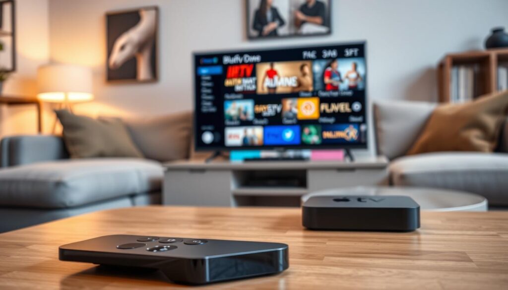 A sleek, modern Apple TV interface showcasing an IPTV player, prominently featuring the brand name "bluefireiptv.com". In the foreground, the Apple TV remote rests on a stylish coffee table, its metallic finish reflecting soft ambient light. The middle layer features the vibrant screen of the Apple TV, displaying diverse IPTV content thumbnails, highlighted with crisp colors and engaging visuals. The background consists of a cozy living room setting with a plush sofa, minimalistic decor, and warm, inviting lighting that enhances the atmosphere. The scene conveys a sense of cutting-edge technology merged with comfort, suggesting an enjoyable viewing experience. The composition should be captured from a slightly angled perspective to create depth, with a focus on clarity and richness of color.