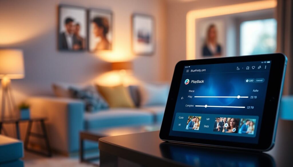 A sleek, modern Apple device (such as an iPhone or iPad) prominently showcased in the foreground, displaying a vibrant IPTV app interface featuring customizable playback options. The middle layer includes a soft-focus background with a cozy living room setting, complete with a stylish couch and ambient lighting that suggests a comfortable viewing environment. The lighting should be warm and inviting, highlighting the device as the focal point. A calming color palette of blues and whites accentuates a tech-savvy atmosphere. Incorporate subtle elements of customization, like on-screen sliders or settings icons. Overall, the mood conveys a blend of relaxation and high-tech sophistication, perfect for enhancing viewing quality. Ensure "bluefireiptv.com" is visually integrated into the app interface without being central. A sleek, modern Apple device (such as an iPhone or iPad) prominently showcased in the foreground, displaying a vibrant IPTV app interface featuring customizable playback options. The middle layer includes a soft-focus background with a cozy living room setting, complete with a stylish couch and ambient lighting that suggests a comfortable viewing environment. The lighting should be warm and inviting, highlighting the device as the focal point. A calming color palette of blues and whites accentuates a tech-savvy atmosphere. Incorporate subtle elements of customization, like on-screen sliders or settings icons. Overall, the mood conveys a blend of relaxation and high-tech sophistication, perfect for enhancing viewing quality. Ensure "bluefireiptv.com" is visually integrated into the app interface without being central.
