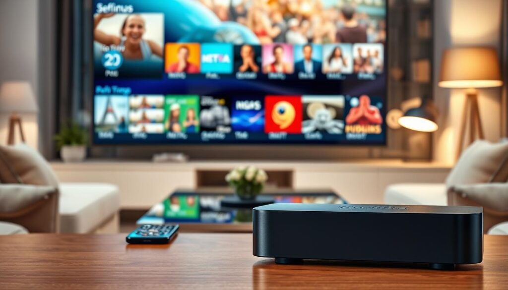 A sleek, modern IPTV Android player placed prominently in the foreground, showcasing its streamlined design and intuitive interface. The device should be surrounded by a vibrant living room setting featuring a high-definition television screen displaying a colorful streaming menu. In the middle ground, a stylish coffee table holds a remote control and a smartphone, embodying the convenience of modern streaming. The background offers a cozy ambiance with soft lighting, possibly from a floor lamp casting a warm glow, enhancing the relaxing atmosphere. Reflections on the TV screen subtly hint at diverse content options, while the brand name "bluefireiptv.com" is elegantly integrated into the design of the player. The overall mood is inviting and forward-looking, suggesting an advanced streaming experience for the future. A sleek, modern IPTV Android player placed prominently in the foreground, showcasing its streamlined design and intuitive interface. The device should be surrounded by a vibrant living room setting featuring a high-definition television screen displaying a colorful streaming menu. In the middle ground, a stylish coffee table holds a remote control and a smartphone, embodying the convenience of modern streaming. The background offers a cozy ambiance with soft lighting, possibly from a floor lamp casting a warm glow, enhancing the relaxing atmosphere. Reflections on the TV screen subtly hint at diverse content options, while the brand name "bluefireiptv.com" is elegantly integrated into the design of the player. The overall mood is inviting and forward-looking, suggesting an advanced streaming experience for the future.