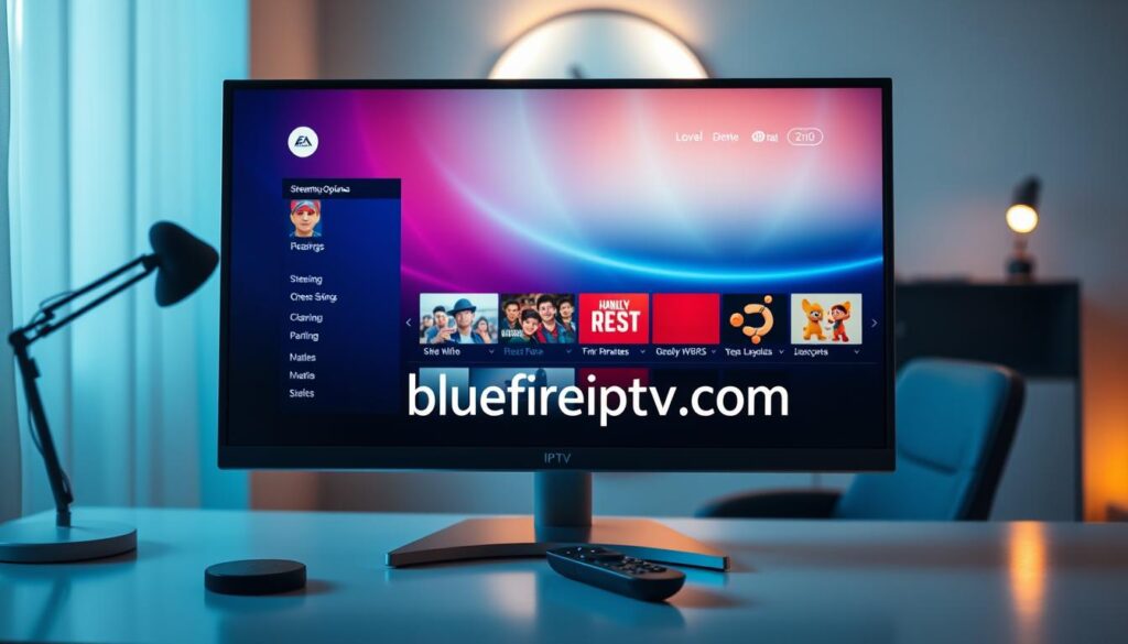 A sleek, modern IPTV player interface displayed prominently on a high-definition computer monitor. In the foreground, the screen showcases vibrant streaming options with smooth navigation and colorful channel icons. The middle ground features a stylish desk setup with a minimalist design, including a high-tech remote control and a comfortable chair, creating an inviting workspace. In the background, soft ambient lighting enhances the mood, illuminating the space with a warm glow. The overall atmosphere is professional and tech-savvy, perfect for a seamless streaming experience. Include the brand name "bluefireiptv.com" subtly integrated into the design. The image should have a clear focus, shot from a slightly elevated angle to emphasize the IPTV player and its features. A sleek, modern IPTV player interface displayed prominently on a high-definition computer monitor. In the foreground, the screen showcases vibrant streaming options with smooth navigation and colorful channel icons. The middle ground features a stylish desk setup with a minimalist design, including a high-tech remote control and a comfortable chair, creating an inviting workspace. In the background, soft ambient lighting enhances the mood, illuminating the space with a warm glow. The overall atmosphere is professional and tech-savvy, perfect for a seamless streaming experience. Include the brand name "bluefireiptv.com" subtly integrated into the design. The image should have a clear focus, shot from a slightly elevated angle to emphasize the IPTV player and its features.