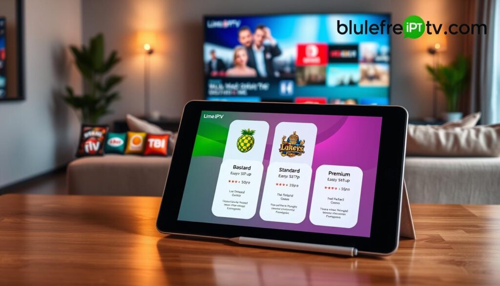 A sleek, modern digital display showcasing “Lime IPTV Subscription Plans” prominently features vibrant graphics representing various plans. In the foreground, a stylish tablet screen highlights diverse offerings, such as “Basic,” “Standard,” and “Premium” packages with colorful icons symbolizing channels. The middle layer includes elegantly designed subscription cards, visually appealing with rounded corners, showcasing features like “No Contract” and “Easy Setup.” The background features a cozy living room setting with a comfortable sofa, ambient lighting, and a large screen displaying Lime IPTV content. Soft, warm lighting creates a welcoming atmosphere. The scene is captured from a slightly elevated angle, emphasizing the tablet as the focus, while the entire setting suggests convenience and modern entertainment with the subtle logo “bluefireiptv.com” in the upper corner, harmonizing with the overall aesthetic.