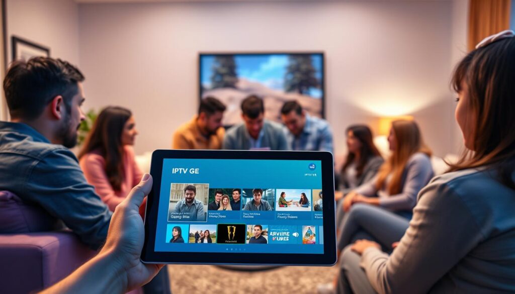 A sleek, modern digital interface showcasing the "IPTV GE Streaming Guide" prominently in a vibrant color scheme featuring blues and greens. In the foreground, display a tablet device with a crisp screen presenting the IPTV GE interface, highlighting Georgian content like films and TV shows. The middle ground should feature a diverse group of individuals in modest casual attire, gathering around the tablet, engaged in discussions about their favorite Georgian programs. The background depicts a cozy living room setting with tasteful decor and soft lighting, conveying a warm and inviting atmosphere. A subtle accent of the brand "bluefireiptv.com" is integrated into the tablet screen design without text overlays. Capture the scene from a slightly elevated angle, emphasizing the excitement and communal experience of streaming Georgian content. A sleek, modern digital interface showcasing the "IPTV GE Streaming Guide" prominently in a vibrant color scheme featuring blues and greens. In the foreground, display a tablet device with a crisp screen presenting the IPTV GE interface, highlighting Georgian content like films and TV shows. The middle ground should feature a diverse group of individuals in modest casual attire, gathering around the tablet, engaged in discussions about their favorite Georgian programs. The background depicts a cozy living room setting with tasteful decor and soft lighting, conveying a warm and inviting atmosphere. A subtle accent of the brand "bluefireiptv.com" is integrated into the tablet screen design without text overlays. Capture the scene from a slightly elevated angle, emphasizing the excitement and communal experience of streaming Georgian content.