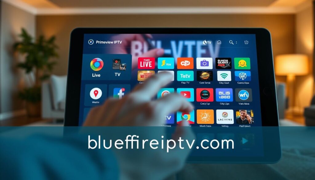 A sleek, modern digital interface showcasing the Primeview IPTV app features. In the foreground, a stylish tablet displays vibrant app icons, including live TV, catch-up TV, and video-on-demand options. The middle ground features a blurred hand interacting with the touchscreen, emphasizing user engagement. The background illustrates a contemporary home setting, with soft ambient lighting and a cozy atmosphere, hinting at comfortable viewing experiences. The scene captures a warm, inviting mood, symbolizing advanced technology and entertainment. Use a photography-style lens with a subtle depth of field to enhance focus on the tablet while softly blurring the background elements. The image should include the brand "bluefireiptv.com" subtly integrated into the app interface, ensuring no text overlays or distractions.