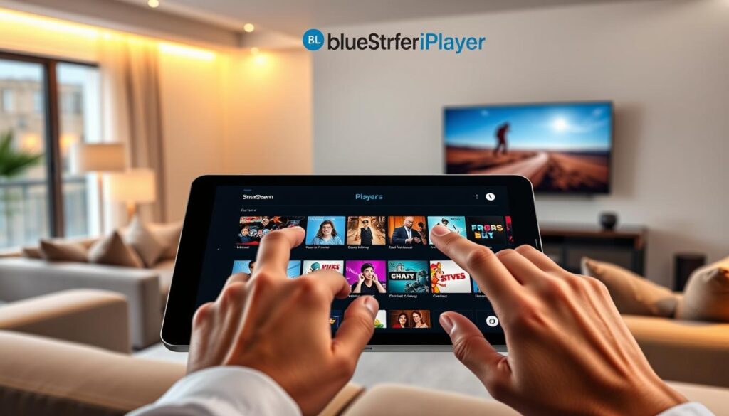A sleek, modern digital interface showcasing the SmartStream Player app on an elegant tablet. In the foreground, a user interacts with the app, their fingers gracefully swiping across the screen, displaying vivid thumbnails of shows and channels. The middle ground features a cozy, contemporary living room with plush furniture and ambient lighting that casts a warm glow. In the background, a large, high-definition television is mounted on the wall, reflecting the app's vibrant graphics. Soft natural light filters through a window, enhancing the inviting atmosphere. The overall mood conveys comfort and high-quality viewing experience, highlighting the trustworthiness of SmartStream Player, with the branding "bluefireiptv.com" subtly integrated into the design elements.