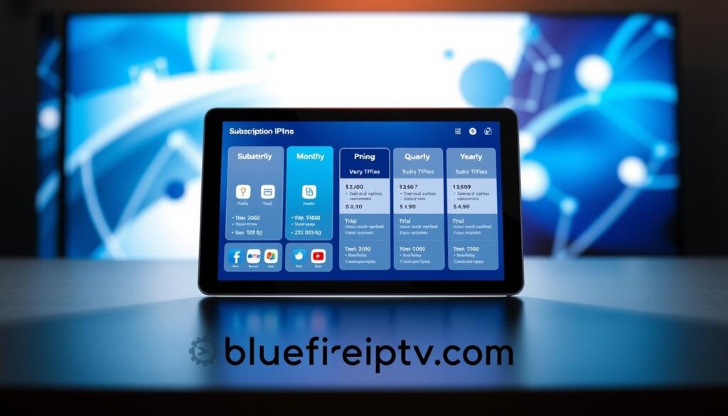 A sleek, modern graphic presenting "Marinios IPTV Pricing and Subscription Options" as the central theme. In the foreground, an elegant tablet displaying a vibrant interface featuring subscription plans, with icons representing different options like monthly, quarterly, and yearly subscriptions. In the middle layer, a stylish infographic background illustrating pricing tiers and trial availability, using a color palette of blues and whites to evoke a tech-savvy feel. The background should include abstract shapes and soft gradients to enhance visual appeal. The lighting should be bright and inviting, capturing the essence of digital technology. The overall atmosphere should be professional yet approachable, suitable for an informative analysis. Incorporate the brand name "bluefireiptv.com" subtly into the design elements without any text overlay or captions.