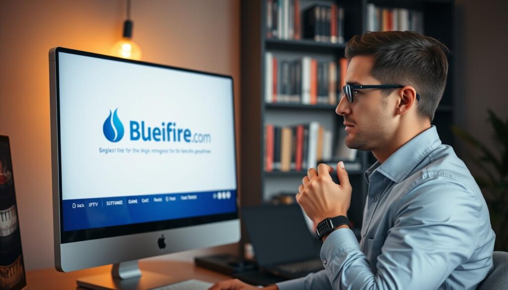 A sleek, modern home office setting focuses on a high-quality desktop computer displaying the bluefireiptv.com logo on the screen, emphasizing a user-friendly IPTV player interface. In the foreground, a professional individual, dressed in smart-casual attire, interacts thoughtfully with the computer, showcasing the importance of selecting the right IPTV player for seamless streaming. The background features a stylish bookshelf filled with tech-related books and a subtle warm light illuminating the workspace, creating an inviting atmosphere. The camera angle is slightly angled from above, capturing the individual’s focused expression and the detailed interface on the screen. The overall mood conveys professionalism and a sense of purpose, highlighting the significance of quality in media streaming experiences. A sleek, modern home office setting focuses on a high-quality desktop computer displaying the bluefireiptv.com logo on the screen, emphasizing a user-friendly IPTV player interface. In the foreground, a professional individual, dressed in smart-casual attire, interacts thoughtfully with the computer, showcasing the importance of selecting the right IPTV player for seamless streaming. The background features a stylish bookshelf filled with tech-related books and a subtle warm light illuminating the workspace, creating an inviting atmosphere. The camera angle is slightly angled from above, capturing the individual’s focused expression and the detailed interface on the screen. The overall mood conveys professionalism and a sense of purpose, highlighting the significance of quality in media streaming experiences.