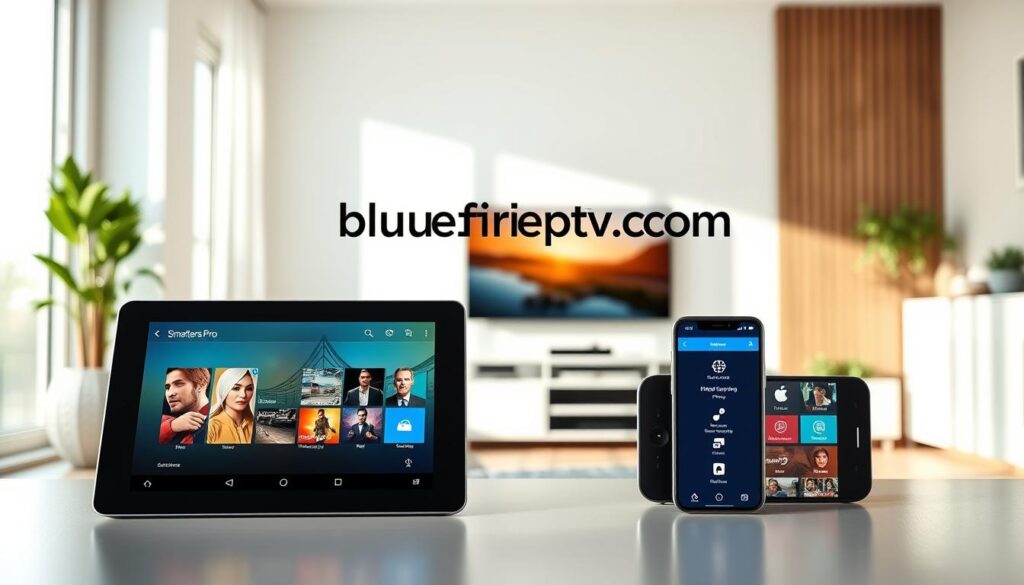 A sleek, modern interface of the Smarters Pro IPTV player displayed on various devices including a tablet, smartphone, and smart TV, all set against a bright, well-lit living room. In the foreground, the tablet shows the Smarters Pro app with vibrant visuals of streaming content. The middle ground features a smartphone showcasing a user-friendly menu. The background is a stylish, contemporary room with soft natural light filtering through large windows, creating a warm, inviting atmosphere. The overall mood is of seamless connectivity and convenience, highlighting the multi-device support of the app. Include the brand name "bluefireiptv.com" subtly integrated into the room's decor without text overlays or watermarks. Optimize the lighting for clarity and detail, focusing on the electronics and their displays.