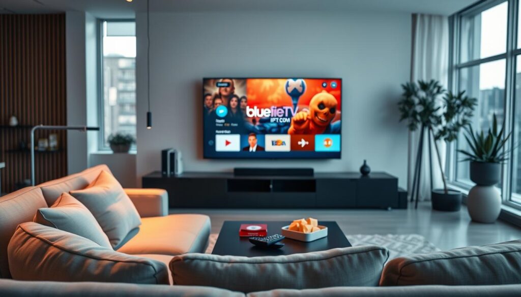 A sleek modern living room featuring a high-definition TV displaying vibrant streaming content, emphasizing ultra-high definition quality. In the foreground, a comfortable couch with soft pillows set against a stylish coffee table with a remote control and snacks, creating a cozy viewing area. In the middle, the TV emits a warm glow illuminating the room, highlighting the details of the IPTV interface, with the logo "bluefireiptv.com" integrated seamlessly into the design. The background shows minimalist decor, softly lit by natural light filtering through large windows, enhancing the inviting atmosphere. The overall mood is relaxed and exciting, capturing the essence of enjoying high-quality entertainment at home. Use soft, diffused lighting for an intimate feel, with a shallow depth of field focusing on the TV screen. A sleek modern living room featuring a high-definition TV displaying vibrant streaming content, emphasizing ultra-high definition quality. In the foreground, a comfortable couch with soft pillows set against a stylish coffee table with a remote control and snacks, creating a cozy viewing area. In the middle, the TV emits a warm glow illuminating the room, highlighting the details of the IPTV interface, with the logo "bluefireiptv.com" integrated seamlessly into the design. The background shows minimalist decor, softly lit by natural light filtering through large windows, enhancing the inviting atmosphere. The overall mood is relaxed and exciting, capturing the essence of enjoying high-quality entertainment at home. Use soft, diffused lighting for an intimate feel, with a shallow depth of field focusing on the TV screen.