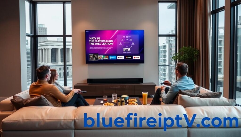 A sleek modern living room, featuring a large flat-screen TV displaying the vibrant interface of "IPTV The Players Klub" in action. In the foreground, a family of four is comfortably seated on a stylish sofa, dressed in smart casual attire, engaging with the content on screen. The middle ground includes a coffee table adorned with snacks and remote controls, emphasizing the convenience of streaming services. In the background, large windows allow for natural light to fill the room, creating a warm and inviting atmosphere. Subtle ambient lighting enhances the technological feel, with a modern design that reflects innovation. The scene conveys reliability and quality service associated with "bluefireiptv.com".