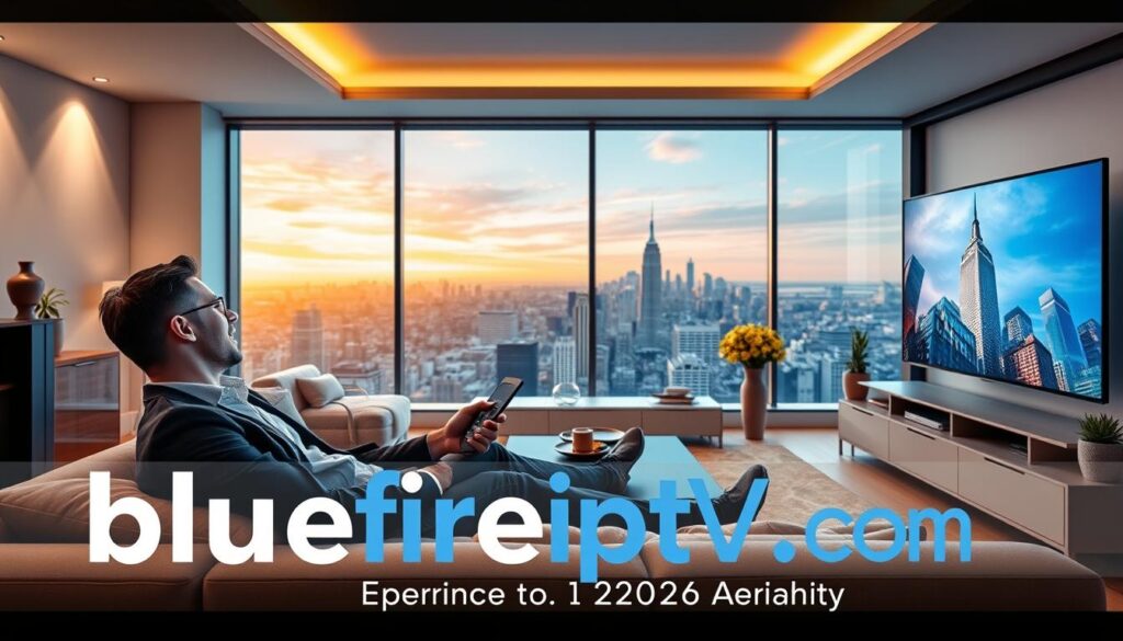 A sleek, modern living room featuring a large flat-screen TV displaying vibrant entertainment channels, symbolizing the best IPTV service in the USA. In the foreground, a professional-looking individual in smart casual attire relaxes on a stylish sofa, holding a remote control, with excitement on their face. The middle layer showcases elegant furniture and a cozy ambiance, adorned with soft lighting that enhances the inviting atmosphere. The background features a window with a picturesque view of a city skyline under a clear blue sky, symbolizing connectivity and modernity. The scene reflects a sense of reliability and enjoyment, overlaid with a subtle brand logo “bluefireiptv.com” integrated into the decor, emphasizing a premium IPTV experience for 2026 and beyond.