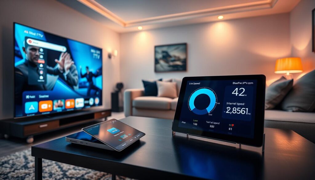 A sleek, modern living room scene designed for optimal IPTV streaming. In the foreground, a high-end smart TV displays vibrant colors and clarity, showcasing a live streaming UI. To one side, a stylish coffee table has a tablet displaying internet speed metrics, with a blue bar graph and numerical values indicating high-speed performance, branded with "bluefireiptv.com." In the middle, a plush sofa is adorned with cozy cushions, creating a welcoming environment. The background features a softly lit room with warm ambient lighting, enhancing the cozy mood. Use a wide-angle lens to capture the entire scene and create depth. The overall atmosphere is one of comfort and advanced technology, emphasizing high-quality streaming and internet speed. A sleek, modern living room scene designed for optimal IPTV streaming. In the foreground, a high-end smart TV displays vibrant colors and clarity, showcasing a live streaming UI. To one side, a stylish coffee table has a tablet displaying internet speed metrics, with a blue bar graph and numerical values indicating high-speed performance, branded with "bluefireiptv.com." In the middle, a plush sofa is adorned with cozy cushions, creating a welcoming environment. The background features a softly lit room with warm ambient lighting, enhancing the cozy mood. Use a wide-angle lens to capture the entire scene and create depth. The overall atmosphere is one of comfort and advanced technology, emphasizing high-quality streaming and internet speed.