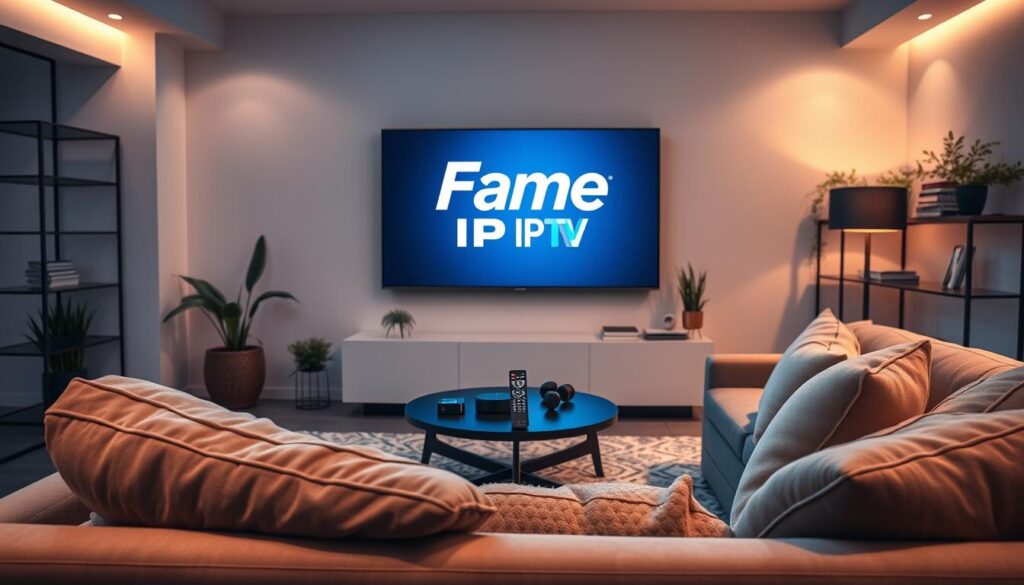 A sleek, modern living room scene showcasing a high-definition TV displaying the logo of "Fame IPTV" prominently. In the foreground, a comfortable couch adorned with cozy pillows invites viewers to join in the streaming experience. In the middle ground, a stylish coffee table holds a remote control and various streaming devices, emphasizing convenience and technology. The background features an elegant shelf with plants and books, enhancing the homey atmosphere. Soft, ambient lighting casts a warm glow throughout the room, creating an inviting mood. The entire scene reflects a blend of innovation and relaxation, perfect for illustrating a contemporary streaming choice for 2026. The branding "bluefireiptv.com" subtly appears in small detail on the TV screen, reinforcing the essence of modern entertainment.