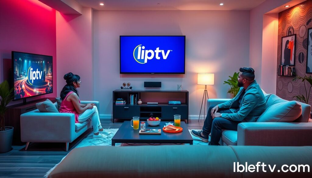 A sleek, modern living room setting depicted in vibrant colors, showcasing a contemporary entertainment area with a large television displaying the logo of "hn iptv." In the foreground, a diverse group of three friends, dressed in smart casual attire, sit comfortably on a stylish sofa, engrossed in streaming a show on the TV. The middle ground features a stylish coffee table adorned with snacks and drinks, while a decorative bookshelf and indoor plants add warmth to the background. Soft, ambient lighting creates a cozy atmosphere, emphasizing a sense of relaxation and enjoyment. The overall mood radiates reliability and satisfaction, illustrating a perfect IPTV streaming experience. The URL "bluefireiptv.com" subtly integrated into the decor, enhancing the theme without overpowering the image.