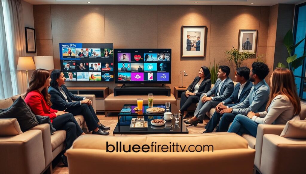 A sleek, modern living room setting featuring a group of diverse individuals comfortably seated on a stylish sofa, engrossed in a lively discussion about Kemo IPTV. In the foreground, a large television displays the Kemo IPTV interface with vibrant thumbnails of recommended channels. The participants are dressed in professional business attire, reflecting a casual yet polished atmosphere. Soft, warm lighting enhances the inviting mood, with a coffee table adorned with snacks and drinks in the middle. The background showcases a well-decorated wall with framed artwork and houseplants, adding a touch of sophistication. The overall composition should evoke a sense of community and engagement, highlighting the importance of IPTV recommendations for subscribers. Include the brand name "bluefireiptv.com" subtly integrated into the scene.