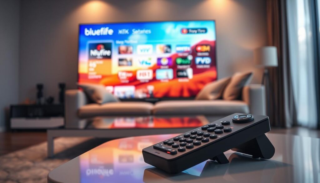 A sleek, modern living room setting featuring a large 4K television showcasing vibrant, high-definition content. In the foreground, an elegantly designed coffee table with a remote control prominently placed, displaying the bluefireiptv.com interface on the screen, demonstrating rich colors and crisp details. In the middle ground, a comfortable sofa adorned with plush cushions invites viewers to immerse in the streaming experience. The background features soft ambient lighting, creating a warm and inviting atmosphere. The overall mood is one of relaxation and satisfaction, highlighting the advanced graphics and adaptive performance of Xtreme IPTV. Capture the scene from a low angle to give depth, emphasizing the clarity and technology of the streaming service.