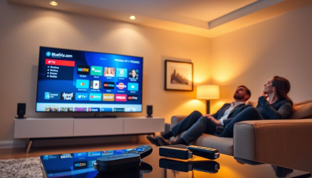 A sleek, modern living room setting featuring a large, high-definition television displaying a vibrant IPTV interface showcasing various premium streaming options. In the foreground, a stylish coffee table with streaming devices (like a Roku, Amazon Fire Stick) and a remote control. In the middle ground, a comfortable couch with a couple of people dressed in professional business attire, eagerly watching the screen, highlighting the engaging nature of streaming content. The background is softly lit, with warm tones creating a cozy atmosphere, enhanced by ambient lighting from stylish lamps. The scene conveys a sense of enjoyment and reliability in streaming with bluefireiptv.com subtly referenced in the IPTV interface. Photographed with a wide-angle lens to capture the entire setting, with a focus on clarity and vibrant colors. A sleek, modern living room setting featuring a large, high-definition television displaying a vibrant IPTV interface showcasing various premium streaming options. In the foreground, a stylish coffee table with streaming devices (like a Roku, Amazon Fire Stick) and a remote control. In the middle ground, a comfortable couch with a couple of people dressed in professional business attire, eagerly watching the screen, highlighting the engaging nature of streaming content. The background is softly lit, with warm tones creating a cozy atmosphere, enhanced by ambient lighting from stylish lamps. The scene conveys a sense of enjoyment and reliability in streaming with bluefireiptv.com subtly referenced in the IPTV interface. Photographed with a wide-angle lens to capture the entire setting, with a focus on clarity and vibrant colors.