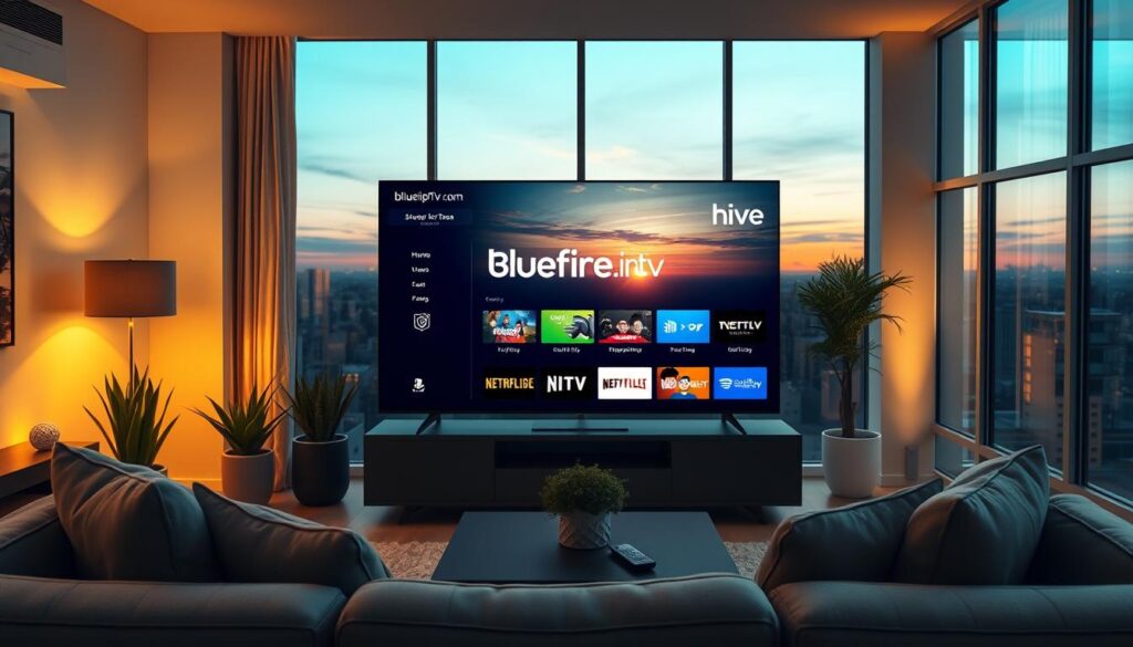 A sleek, modern living room setting, illuminated by soft, warm ambient lighting. In the foreground, a stylish television displays the "bluefireiptv.com" logo with a vibrant interface showcasing various streaming options. The middle ground features a comfortable couch with cushions, a coffee table with a remote control, and decorative plants, conveying a cozy viewing environment. In the background, large windows view a picturesque sunset, adding to the serene atmosphere. The scene projects an inviting and informative mood, ideal for illustrating the benefits of Hive IPTV's comprehensive streaming services. The image should be realistic and professional, capturing the essence of modern entertainment without any text or overlays.