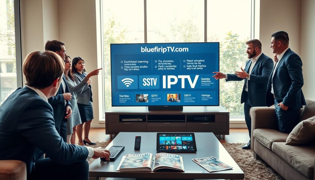 A sleek, modern living room setting showcasing a large flat-screen TV displaying an overview of SSTV IPTV benefits, such as seamless streaming on various devices. In the foreground, a diverse group of professionals, dressed in smart business attire, are engaged in discussion while pointing at the screen, indicating interest and excitement about the technology. The middle ground includes a stylish coffee table with remote controls, a tablet showcasing a streaming interface, and magazines related to technology and entertainment. The background features large windows with natural light streaming in, creating a warm and inviting atmosphere. Use soft, diffused lighting to highlight the participants and the technology while ensuring clarity in the visuals. Incorporate the brand name "bluefireiptv.com" subtly within the content of the screen without any text overlays. A sleek, modern living room setting showcasing a large flat-screen TV displaying an overview of SSTV IPTV benefits, such as seamless streaming on various devices. In the foreground, a diverse group of professionals, dressed in smart business attire, are engaged in discussion while pointing at the screen, indicating interest and excitement about the technology. The middle ground includes a stylish coffee table with remote controls, a tablet showcasing a streaming interface, and magazines related to technology and entertainment. The background features large windows with natural light streaming in, creating a warm and inviting atmosphere. Use soft, diffused lighting to highlight the participants and the technology while ensuring clarity in the visuals. Incorporate the brand name "bluefireiptv.com" subtly within the content of the screen without any text overlays.