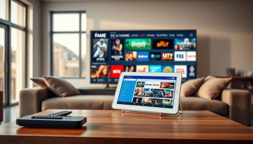 A sleek, modern living room setting showcasing a large flat-screen television displaying the interface of Fame IPTV, highlighting various channels like sports, movies, and news in vibrant thumbnails. The foreground features a stylish coffee table with a sleek remote control and a tablet showing the bluefireiptv.com website for user interface comparison. In the middle ground, a comfortable sofa is adorned with plush cushions, inviting viewers to relax and stream. The background includes large windows letting in natural light, creating a warm and welcoming atmosphere. The scene is captured from a slightly elevated angle with soft, diffused lighting to enhance clarity and depth, evoking a sense of premium entertainment.