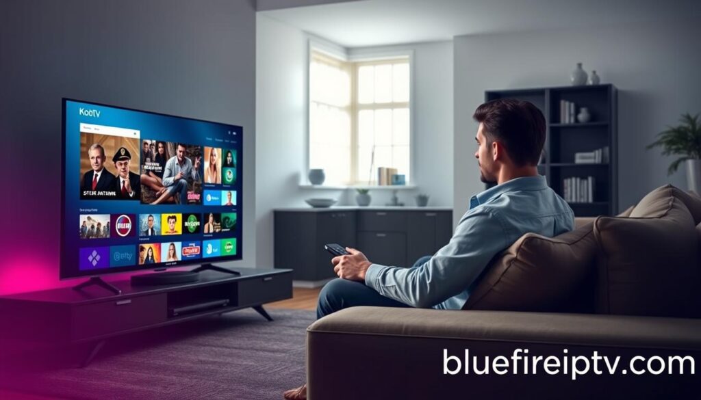 A sleek, modern living room setting showcasing the key features of the Kodi IPTV addon. In the foreground, a stylish flat-screen TV displays an intuitive interface with vibrant streaming channels, highlighting ease of navigation. The middle ground features a cozy couch with a user holding a remote, dressed in smart casual attire, viewed from a slight angle to suggest engagement with the content. The background includes subtle shelves with a few decorative items and books, creating a warm, inviting atmosphere. Soft, ambient lighting filters in from a nearby window, adding a sense of comfort. The overall mood is relaxed and focused on the streaming experience. At the bottom right corner, subtly included is the brand name "bluefireiptv.com" integrated into the design of the living room for brand recognition.