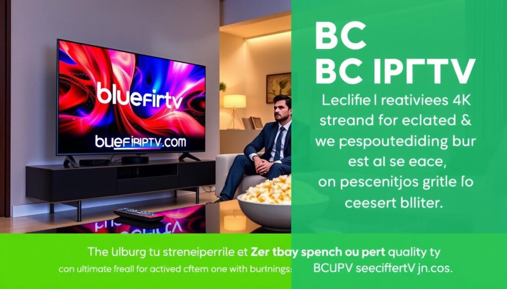 A sleek, modern living room setting with a high-end 4K television prominently displaying vibrant streaming content, showcasing the logo "bluefireiptv.com." In the foreground, a stylish coffee table holds a remote and a bowl of popcorn, emphasizing a relaxed streaming atmosphere. In the middle, a comfortable sofa with a calm individual dressed in professional business attire, absorbed in their viewing experience, reflects satisfaction with zero buffering. The background features a softly lit room with ambient lighting, hinting at an evening vibe. The overall mood conveys luxury, reliability, and the ultimate streaming experience achieved with BC IPTV, highlighting superior quality and VPN compatibility. Bright, inviting colors enhance the scene, focusing on a seamless digital journey.