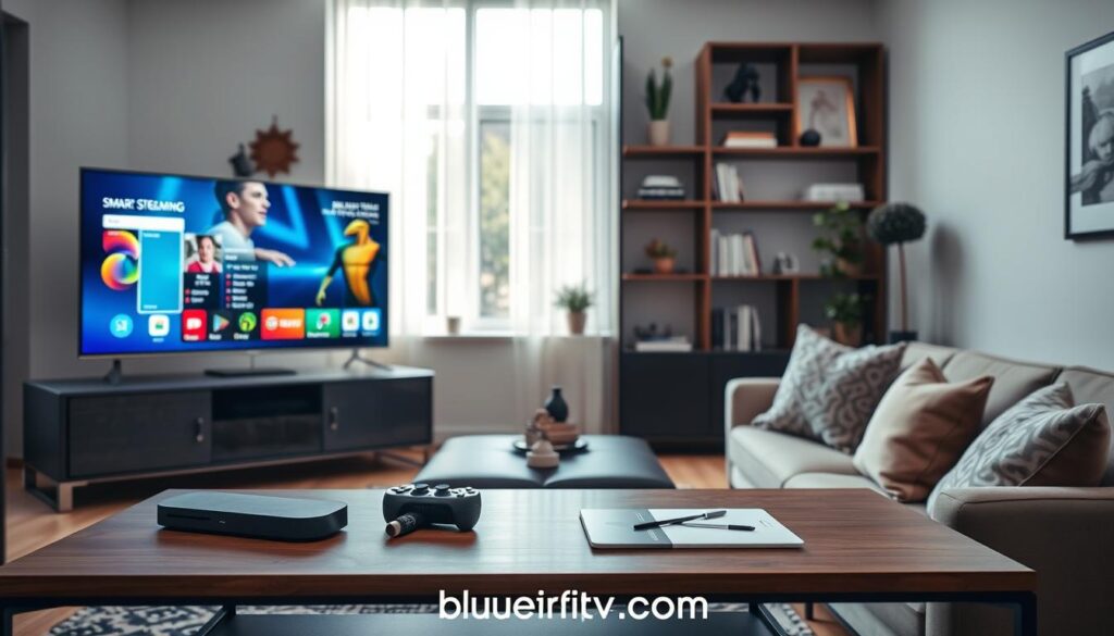 A sleek modern living room setting, with a variety of digital streaming devices displayed prominently on a stylish entertainment unit. In the foreground, a high-definition smart TV is turned on, showcasing the interface of a streaming service, featuring vibrant colors and a user-friendly layout. Surrounding it, devices like a streaming stick, a gaming console, and a tablet are placed neatly, indicating versatility and device compatibility. The middle ground features a comfortable couch adorned with plush cushions, while a coffee table holds a remote control and a subscription guide. In the background, soft natural lighting pours in from a window, creating a warm atmosphere. Shelves hold books and decorative items, accentuating a cozy yet advanced tech vibe. This scene emphasizes ease of setup and accessibility for all devices. Include the brand name “bluefireiptv.com” subtly in the design.
