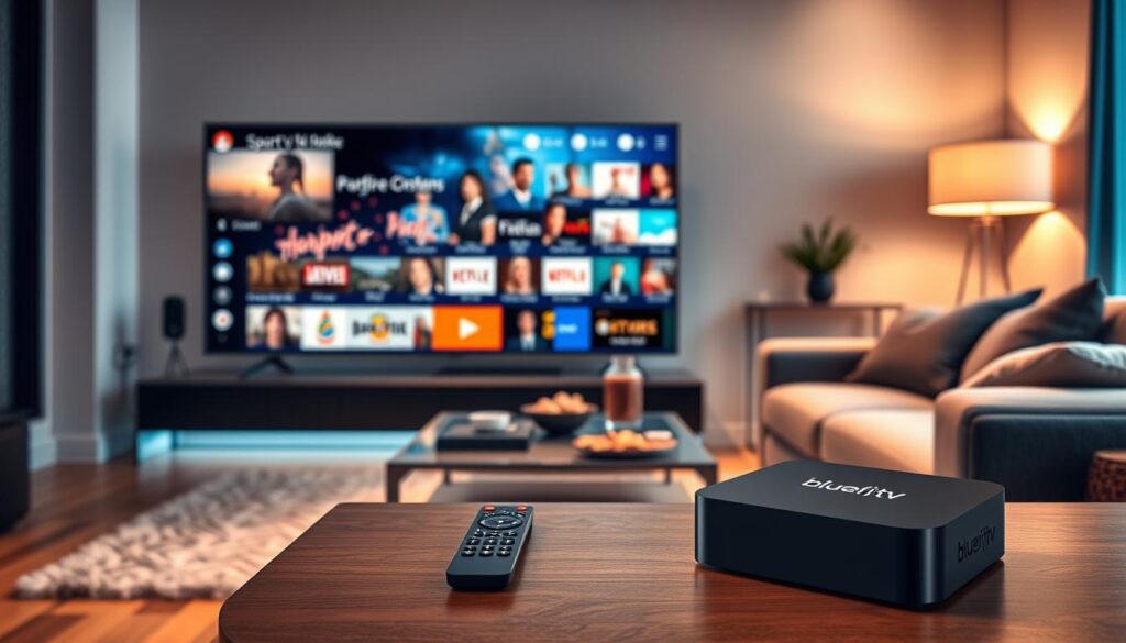 A sleek, modern living room setup featuring an Android TV box powered by Perfect Player IPTV. In the foreground, a large, high-definition television displays a vibrant streaming interface with various channels showcased, emphasizing quality and user-friendliness. The middle ground reveals a stylish coffee table with a remote and snacks, suggesting a cozy viewing experience. The background features soft ambient lighting with a contemporary sofa and decorative elements, enhancing the inviting atmosphere. The room is warmly lit, creating a homey feel, while a subtle bokeh effect adds depth. Include the brand name "bluefireiptv.com" in a tasteful, unobtrusive manner on a visible device screen. The overall mood is relaxed and enjoyable, promoting a perfect quality streaming experience.