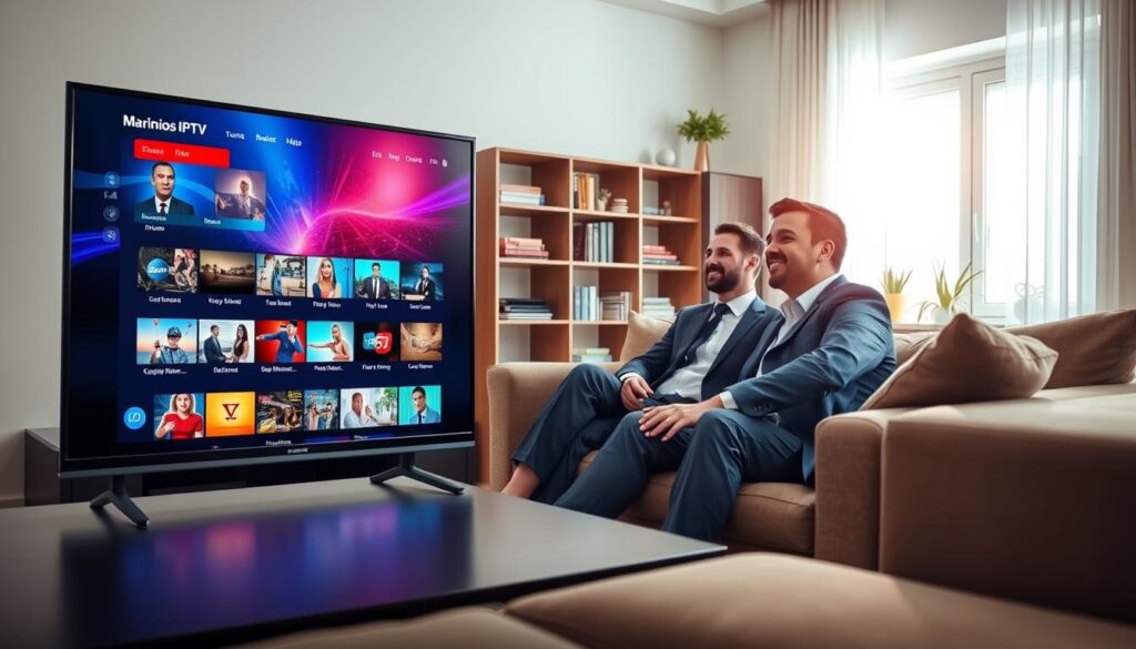A sleek, modern living room setup is at the foreground, featuring a large flat-screen TV displaying vibrant IPTV streaming content, showcasing the Marinios IPTV interface. In the middle ground, a well-dressed professional couple, dressed in business attire, sits comfortably on a stylish sofa, engaged with the content on the screen. They exhibit expressions of satisfaction and enjoyment, highlighting the reliability and quality of the streaming experience. The room is warmly lit with natural light streaming in from a window, creating an inviting atmosphere. In the background, subtle decorative elements like a bookshelf and potted plants enhance the cozy ambiance. The overall mood is positive and engaging, suggesting a seamless user experience with Marinios IPTV streaming, emphasizing its performance on bluefireiptv.com.