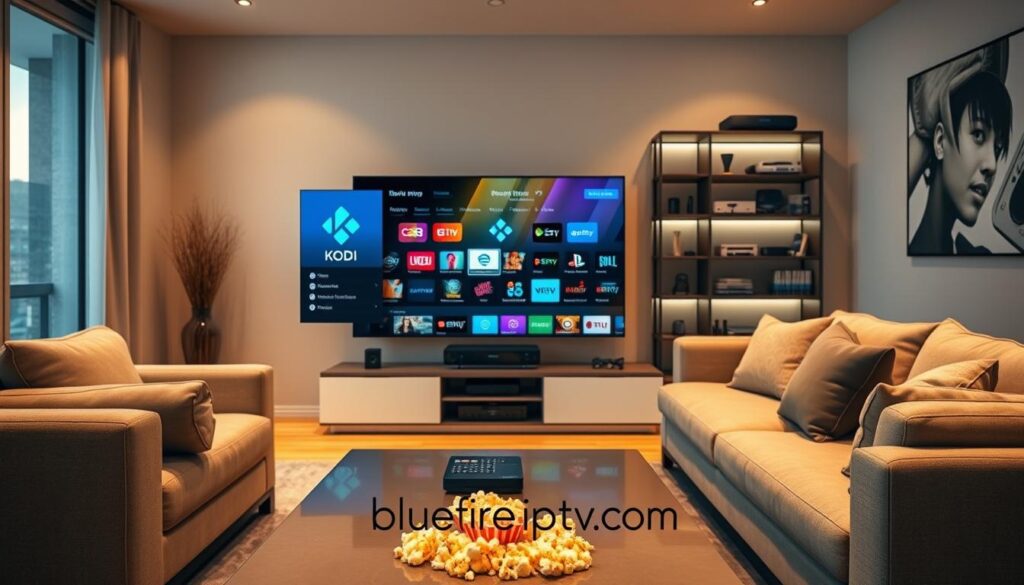 A sleek, modern living room showcasing a high-definition television displaying the Kodi interface, featuring vibrant colors and an array of IPTV channels. In the foreground, there’s a stylish coffee table with a remote control and some popcorn, inviting a cozy viewing experience. In the middle, a comfortable sectional sofa is arranged around the TV, with a hint of warm ambient lighting casting soft shadows. The background features a wall-mounted bookshelf filled with tech gadgets and streaming devices, hinting at a tech-savvy environment. The overall atmosphere is inviting and cinematic, captured with a shallow depth of field to highlight the Kodi interface on the screen. Include a subtle logo of "bluefireiptv.com" in the lower corner, ensuring it blends seamlessly into the design.