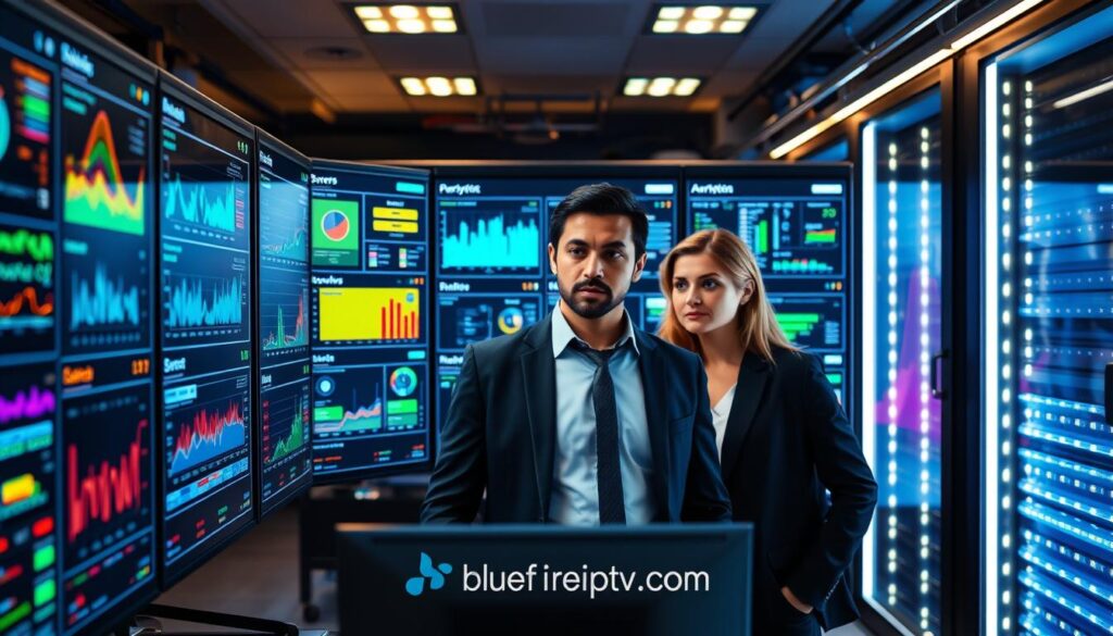 A sleek, modern server monitoring station in the foreground, showcasing vibrant digital dashboards with real-time data analytics. Display various graphs, charts, and server statuses in dynamic colors, exuding a sense of urgency and efficiency. In the midground, visualize a diverse group of three professionals in business attire, attentively analyzing the screens, embodying collaboration and expertise. Soft, focused lighting illuminates their faces, creating an atmosphere of concentration and innovation. The background features a high-tech server room with illuminated racks and cables, enhancing the overall modernity of the scene. Ensure the image feels dynamic and energetic, symbolizing the benefits of real-time server monitoring. Include subtle branding elements associated with bluefireiptv.com without text overlays, ensuring a professional look throughout the composition.