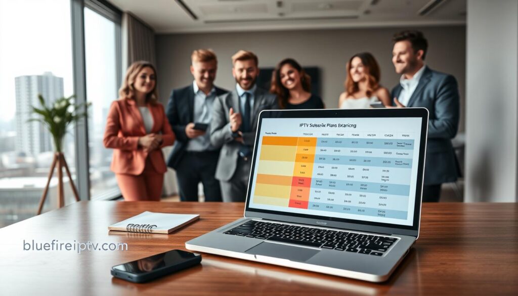A sleek, modern workspace showcasing a professional comparison of IPTV subscription plans and pricing. In the foreground, a polished wooden desk holds an open laptop displaying a vibrant chart comparing various IPTV plans. Next to it, a notepad with handwritten notes and a smartphone. In the middle ground, a confident, diverse group of professionals in business attire discuss the plans enthusiastically. The background features a large window with a city view, allowing natural light to fill the room, enhancing the atmosphere of productivity. The overall mood is informative and engaging, reflecting the essence of decision-making and analysis in a modern digital world. The subtle presence of the brand name "bluefireiptv.com" is integrated into the laptop screen design.