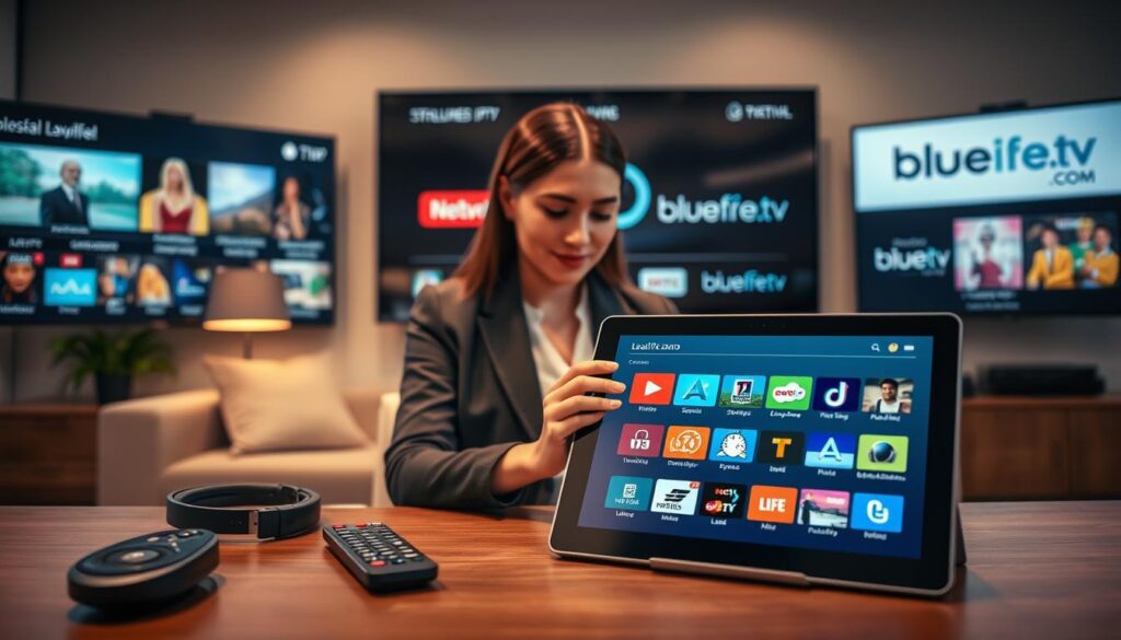 A sleek office environment showcasing the features of legal IPTV services. In the foreground, a modern tablet displays a colorful interface featuring various streaming options, all denoting lawful content like movies, sports, and live TV. On the desk, a stylish remote control and headphones emphasize the user experience. In the middle, an attractive professional woman in modest business attire interacts with the tablet, her expression focused and engaged, highlighting the ease of use. In the background, a large screen showcases multiple IPTV channels and logos of legal providers, including “bluefireiptv.com”. Soft, ambient lighting creates a warm atmosphere, enhancing the perception of innovation and trustworthiness, captured from a slight low angle to emphasize the technology. A sleek office environment showcasing the features of legal IPTV services. In the foreground, a modern tablet displays a colorful interface featuring various streaming options, all denoting lawful content like movies, sports, and live TV. On the desk, a stylish remote control and headphones emphasize the user experience. In the middle, an attractive professional woman in modest business attire interacts with the tablet, her expression focused and engaged, highlighting the ease of use. In the background, a large screen showcases multiple IPTV channels and logos of legal providers, including “bluefireiptv.com”. Soft, ambient lighting creates a warm atmosphere, enhancing the perception of innovation and trustworthiness, captured from a slight low angle to emphasize the technology.