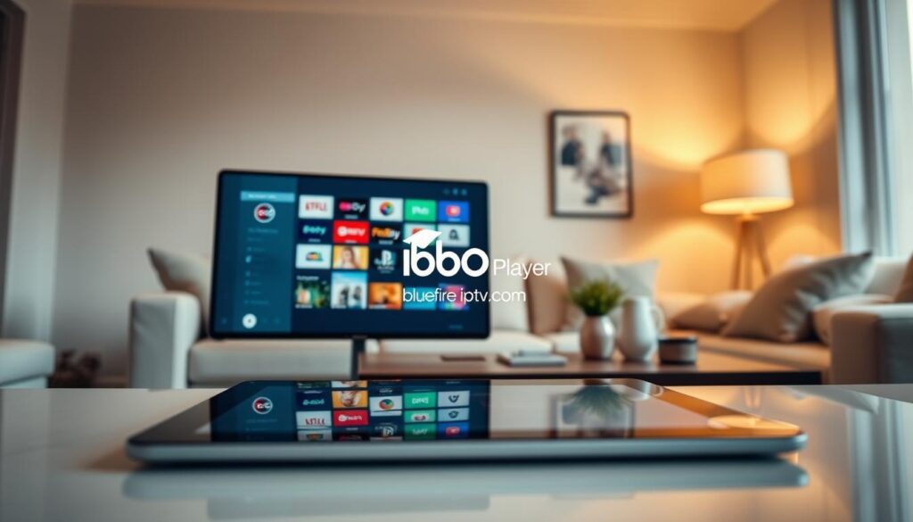 A sleek, organized IPTV interface displayed on a modern tablet screen, showcasing the IBO Player app in an attractive, minimalist design. The foreground features the tablet, with a smooth glass surface reflecting ambient light. In the middle ground, colorful channel icons are neatly arranged in a user-friendly layout, highlighting the app's seamless streaming capabilities. The background features a cozy, well-lit living room with soft, warm lighting, enhancing the inviting atmosphere. A stylish coffee table holds the tablet, and subtle decorative items suggest a modern lifestyle. Ensure the surroundings are clean and sophisticated, conveying a sense of effortless entertainment. Include the logo "bluefireiptv.com" subtly integrated into the interface design for branding consistency.