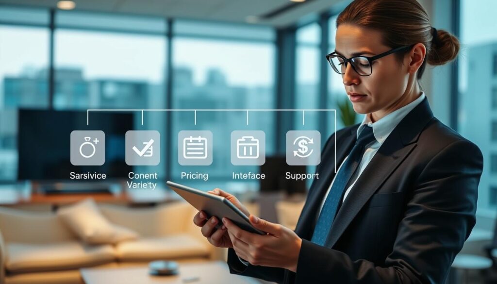 A sophisticated and detailed visual representation of IPTV service evaluation criteria, showcasing elements like Quality of Service, Content Variety, Pricing, User Interface, and Customer Support. In the foreground, a professional business person dressed in smart attire analyzes a sleek tablet displaying IPTV features. In the middle, highlighted icons represent each evaluation criterion, with symbols like a check mark for satisfaction and a dollar sign for pricing. The background features a modern office environment, subtly lit to create a focused yet inviting atmosphere, with large windows letting in natural light. The image should evoke a sense of professionalism and trust. Include the brand "bluefireiptv.com" subtly integrated into the design, ensuring it blends seamlessly with the overall aesthetic.