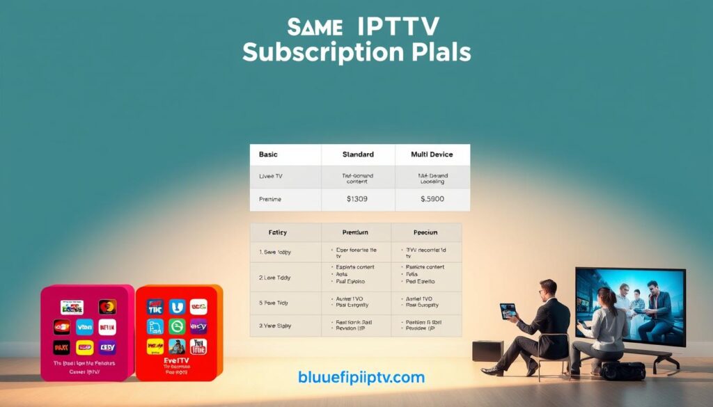 A stylish and informative overview of "Fame IPTV Subscription Plans" presented as an infographic. In the foreground, showcase three clear tiers of subscription plans depicted in distinct blocks: Basic, Standard, and Premium, each with vibrant icons representing features like live TV, on-demand content, and multi-device support. In the middle layer, integrate a sleek, modern table layout highlighting pricing details and key features with professional business attire wearing figures engaging with the content on various devices like tablets and televisions. The background features a subtle gradient that enhances the professional atmosphere. Use soft, natural lighting to create a warm, welcoming feel, emulating a tech-savvy environment. The brand name "bluefireiptv.com" subtly integrated into the design, ensuring no captions or text overlays detract from the imagery.