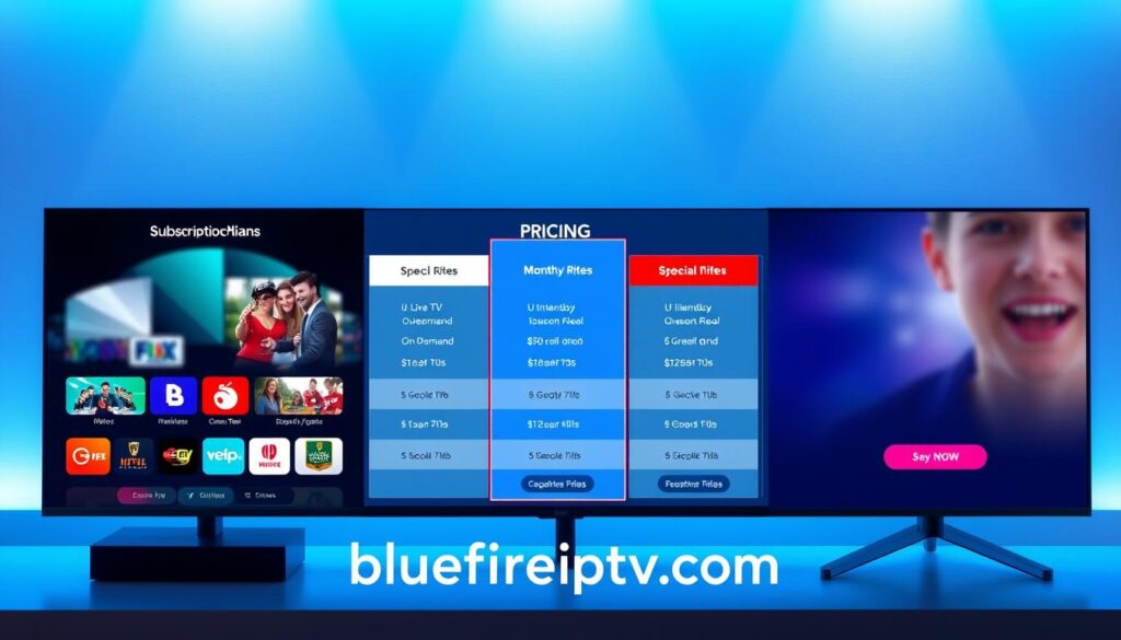 A stylish and modern subscription plans and pricing overview design, featuring an elegant layout with three distinct pricing tiers for streaming services. In the foreground, include visually appealing icons representing features such as "Live TV", "On-Demand Movies", and "Unlimited Recording". In the middle, showcase a sleek pricing table with vibrant colors, clearly outlining monthly rates and special trial offers. The background should be a subtle gradient in blue and white, creating a clean and professional look that conveys trust. Soft, ambient lighting enhances the mood, suggesting clarity and accessibility. Capture this scene from a slightly elevated angle to provide depth, ensuring the brand name "bluefireiptv.com" is subtly integrated into the design without any text overlays or distractions.