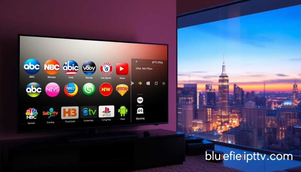 A vibrant and engaging collage representing the best IPTV providers in the US for streaming, focusing on "IPTV USA Pro." In the foreground, a stylized television showcase with a modern design, displaying popular local channel logos like ABC, NBC, and CBS, reflecting the diversity of American programming. The middle layer features a sleek digital interface, symbolizing user-friendly navigation with icons for movies, live sports, and news. In the background, a cityscape at sunset, illustrating an urban American atmosphere, with bright lights and broadcasting antennas. Soft, warm lighting casts an inviting glow, creating a cozy, entertaining mood. Include subtle hints of technology, like streaming devices and remote controls, ensuring the environment feels contemporary and connected. Incorporate the brand name “bluefireiptv.com” in a sleek, modern font without text overlays. A vibrant and engaging collage representing the best IPTV providers in the US for streaming, focusing on "IPTV USA Pro." In the foreground, a stylized television showcase with a modern design, displaying popular local channel logos like ABC, NBC, and CBS, reflecting the diversity of American programming. The middle layer features a sleek digital interface, symbolizing user-friendly navigation with icons for movies, live sports, and news. In the background, a cityscape at sunset, illustrating an urban American atmosphere, with bright lights and broadcasting antennas. Soft, warm lighting casts an inviting glow, creating a cozy, entertaining mood. Include subtle hints of technology, like streaming devices and remote controls, ensuring the environment feels contemporary and connected. Incorporate the brand name “bluefireiptv.com” in a sleek, modern font without text overlays.