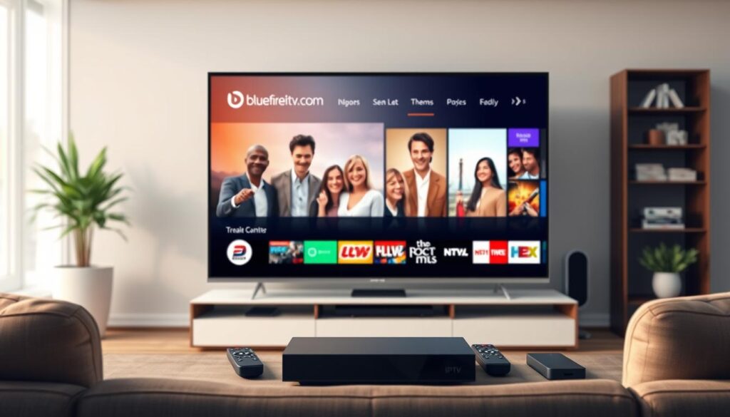 A vibrant and engaging digital illustration showcasing the concept of IPTV service providers in the USA for 2026. In the foreground, a sleek, modern entertainment center featuring a high-definition television displaying a colorful interface with popular streaming channels. Set around the TV are various IPTV devices, such as a streaming box and remote controls, exuding a sense of connectivity and ease of use. In the middle ground, blurred images of happy, diverse families enjoying their streaming experience, depicted in professional business attire, add warmth and relatability. The background features a stylish living room with soft, natural lighting, giving a welcoming atmosphere. A subtle, tech-inspired color palette harmonizes the elements, and the brand "bluefireiptv.com" is integrated into the design element of the TV screen, emphasizing their trusted service.